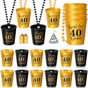 Sureio 12 Pieces Shot Glasses Necklace Birthday Plastic Shot Glass on Beaded Necklace Cups for Birthday Party Anniversary Supplies, Gold and Black(40th)