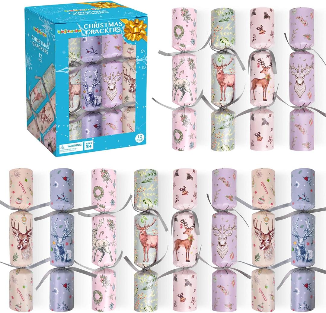 FUN LITTLE TOYS Christmas Crackers, 12 Pack Christmas No Snap Party Favors with Party Hat