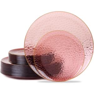 Hioasis 60pcs Burgundy Plastic Plates - Gold Rimmed Disposable, Hammered, Heavy-duty Dinnerware Set Suitable for 30 Guests, 10.25" Dinner & 7.5" Dessert Plates for Party & Wedding