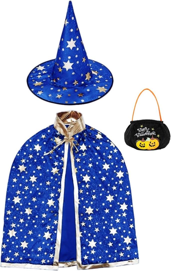 3pcs Wizard Costume Kids - Witch Cape Wizard Hat & Pumpkin Bag, Ages 3-10 Halloween Cape for Party Cosplay Outfit (Blue)