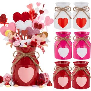Domensi 6 Pcs Valentine's Day Vases Decor Valentines Table Centerpiece Heart Galvanized Metal Milk Can Jug Vase for Flowers Utensil Holder Jar Pot for Kitchen Home Wedding Galentines Party Decorations