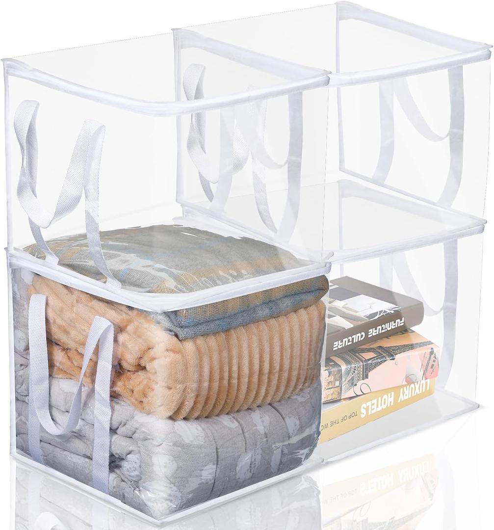 4 Pcs Clear Zippered Organizers 12''x12''x12'' Moving Bags with Reinforced Handles Heavy Duty Storage Cube Tote Storage Blanket Bags Bins for Clothes Moving Supplies Linens Shoes Closet Organizer
