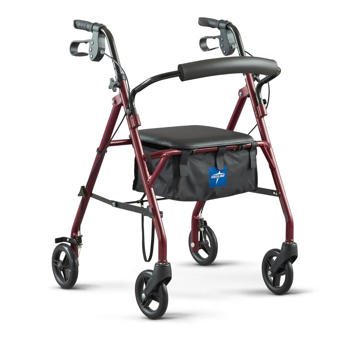 Medline Steel Rollator Walker with Seat, Burgundy, 350 lb. Weight Capacity, 6 Wheels, Foldable, Adjustable Handles, Rolling Walker for Seniors, Walker for Mobility Impaired