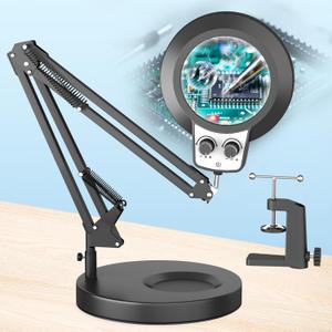 HITTI 12X & 30X Magnifying Glass with Light, Infinite Color and Brightness Desk Lamp & Clamp, 2-in-1 LED Lighted Magnifier Stand for Craft Reading Hobby Soldering Puzzle (12X & 30X Ring Base & Clamp)