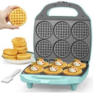 Baker's Friend Multi Mini Waffle Maker Machine, 6 x 3'' Small Waffle Iron, Perfect for Families and Individuals Use, Excellent Choice for Breakfast Brunch Parties & Events, Aqua