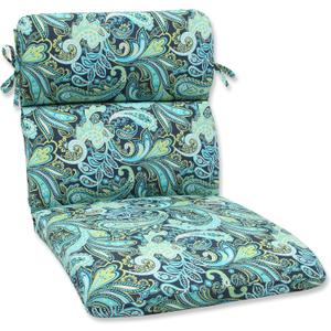 Pillow Perfect Paisley Indoor/Outdoor 1 Piece Split Back Round Corner Chair Seat Cushion with Ties, Deep Seat, Weather, and Fade Resistant, 32" x 16", Blue/Green Pretty