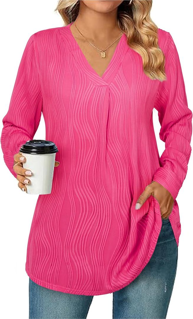 Womens 3 4 Sleeve Blouse Long Sleeve Business Casual Tunic Tops V Neck Work Tops Textured Dressy Casual Shirts Rose Red X-Large