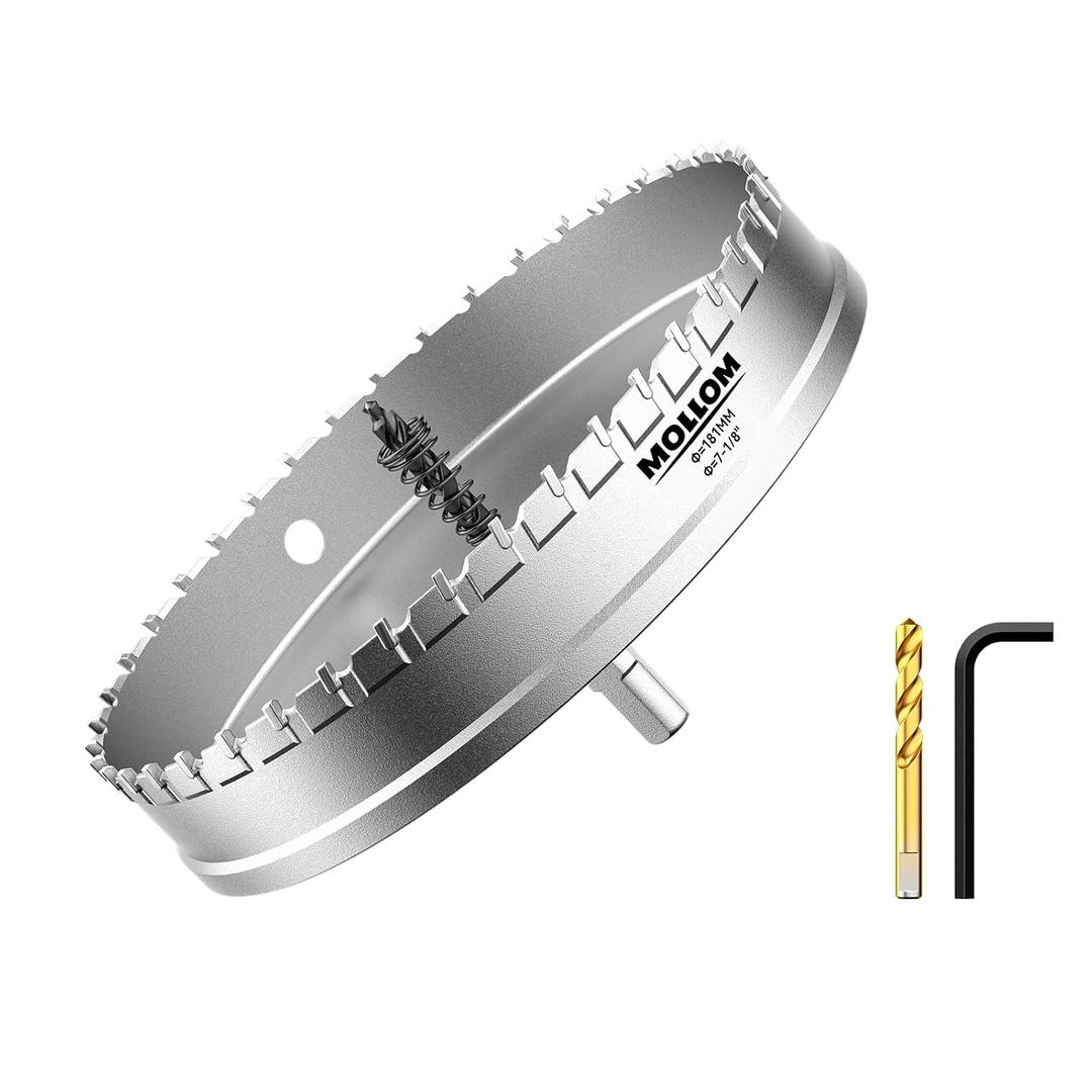 Mollom (7-1/8''|181mm) Heavy Duty Carbide Hole Saw with 2 Pilot Drill Bits, Hole Cutter cuts Stainless Steel, mild Steel, Iron, Copper, Brass, Plastic