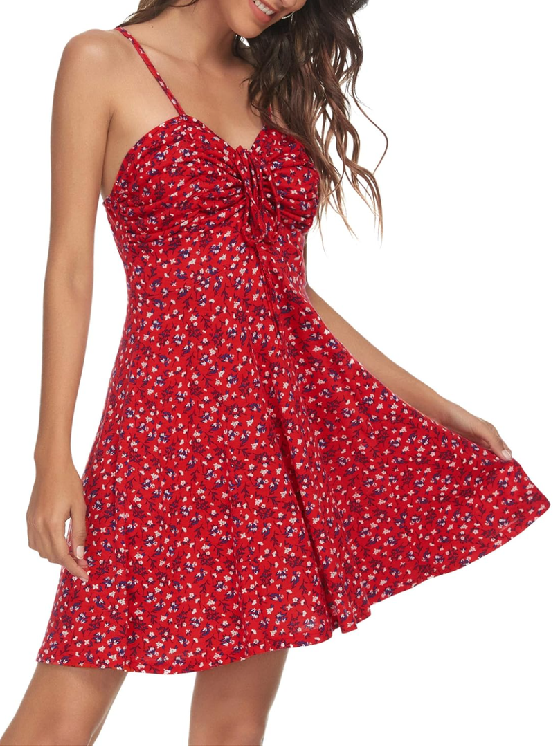 Missufe Spaghetti Strap Floral Mini Dress Women's Casual Ruched Front Drawstring Swing Sundress, L