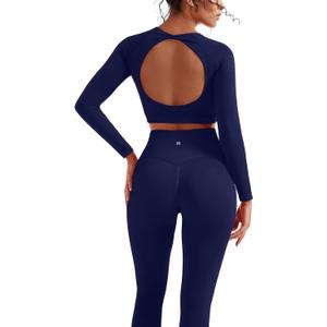 SUUKSESS Women 2 Piece Open Back Seamless Workout Sets Scrunch Booty Gym Leggings Built in Bra Crop Yoga Top (Large, Navy Blue)
