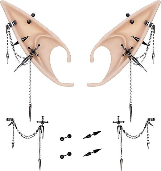 FRESHME 2 Pairs of Fairy Elf Ears with Sliver Piercings - Gothic Elf Ear Cuffs Skull Rose Cross Studs Sterling Earrings