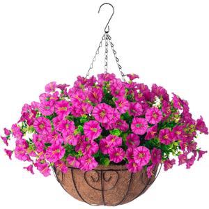 Ivydale Artificial Silk Hanging Plants Flowers Basket for Outdoor Outside Summer Decoration, Fake Faux UV Sun Resistant Look Real Morning Glory Fuchsia for Porch Patio Balcony Home