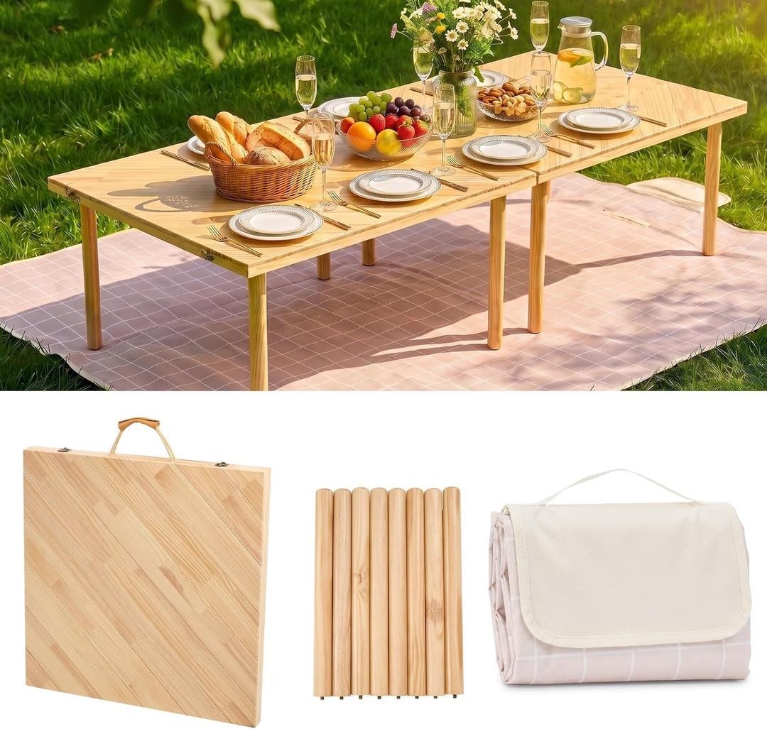 60" x 30" Wooden Low Picnic Table with Outdoor Picnic Blanket 79 "x 59 "
