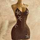 RoseSeek Women's Boho Sequin Mini Dress Halter Tie Back V Neck Bodycon Dresses Sparkle Dress (Brown, S)