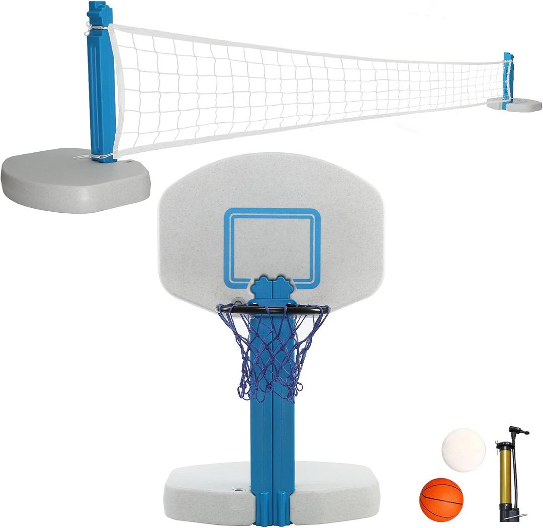 Blue Bay 2-in-1 Pool Basketball Hoop Poolside & Volleyball Set for Inground Pool Games Combo for Swimming Pool.