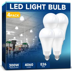 300W Equivalent LED Light Bulb, Super Bright 4060 Lumen 5000k Cool Daylight White A23 E26 Medium Base 33 Watt LED Bulb for Garage Warehouse Workshop Backyard Patio Street Supermarket, 4-Pack
