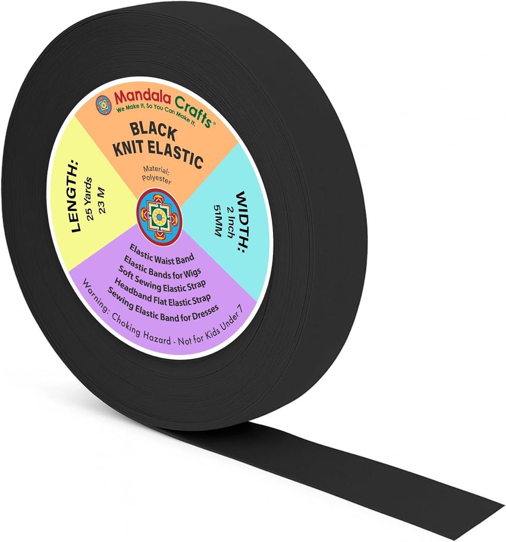 Mandala Crafts Wide 2 Inch Black Elastic Bands Spool for Pants Waistbands Sewing and DIY Crafts, 25 YD Stretchy Flat Fabric Strap Knit Elastic Band for Wig