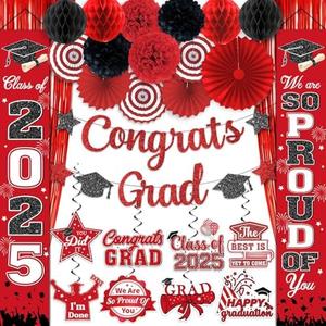 Black and Red Graduation Decorations, 26Pcs Graduation Decorations Class of 2025 Red Banner, Congrats Grad Banner Red 2025 Hanging Swirls Foil Curtains Paper Flower Balls Paper Fans