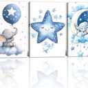Nursery Canvas Wall Art Elephant Pictures Wall Decor Moon and Stars Painting Baby Boy Prints Cute Animal Poster Artwork for Kids Room Bathroom Decor Framed(Baby-1,16L x 24W x 3Pcs)