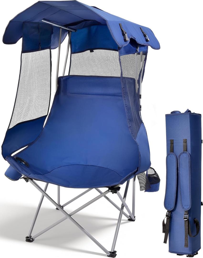 East Oak Oversized Camping Chair with Canopy | 400 LBS Heavy Duty Folding Beach Chair with Canopy Shade, Roomy Seat, Full Sun Protection, Ample Storage | Canopy Chair for Outdoors