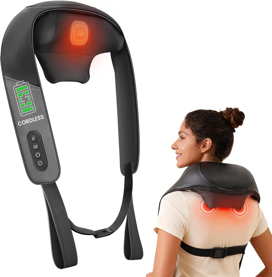 Snailax Shiatsu Neck Massager for Pain Relief Deep Tissue Cordless Kneading Shoulder Massage with Heat Graphene Heating Rechargeable, 4D Roller Neck Back Massage, Gift for Mom Dad