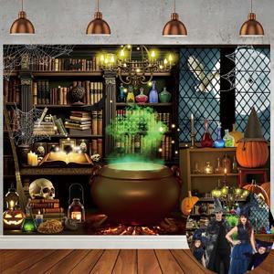 Halloween Witch Backdrop Halloween Magic Gauldron Bookshelf Photography Background Spooky Retro Mid Century Vintage Witch Hallowmas Party Decorations Banner Photo Props (82x59 inch (7x5FT))