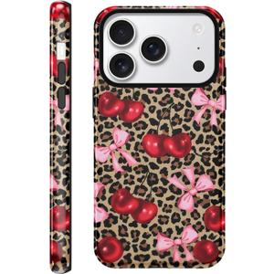 Case Compatible with for iPhone 17 Pro 6.3'', Cute Cherry Pink Bow Vintage Leopard Pattern Phone Case, Aesthetic Scratch Resistant Cover Shockproof 2 in 1 Silicone + Hard PC Design for Girls Women Men