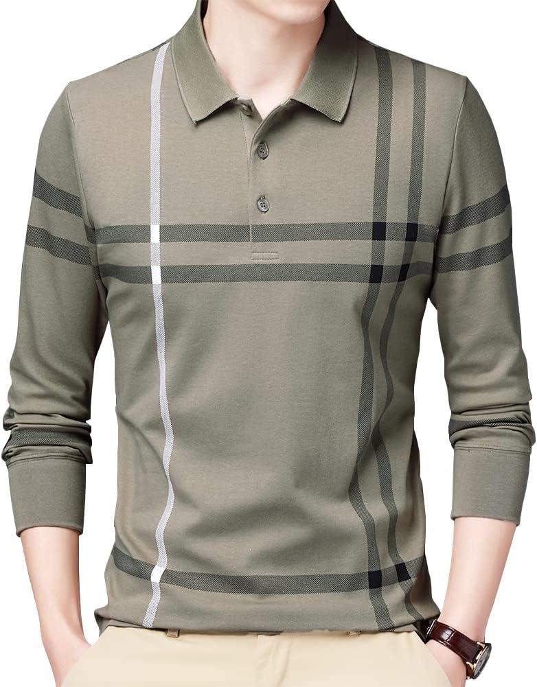 Mens Casual Striped Cotton Long Sleeve Collared T Shirt Polo Shirts, M