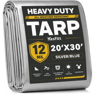 Kesfitt 12 Mil Heavy Duty Waterproof Tarp, 8x20 FT, Silver & Blue, 20 x 30 FT