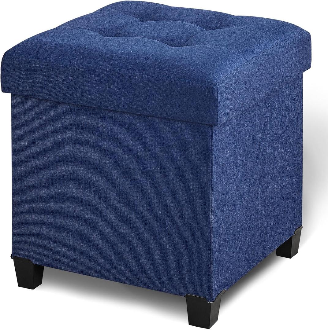 17.7" Ottoman with Storage, Square Storage Ottoman for Dorm, Linen Ottomans with Legs for Living Room, Bedroom, Blue