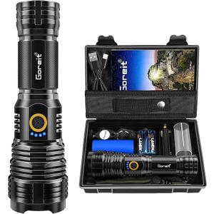 Goreit Flashlights LED High Lumens Rechargeable, 2000 Lumens XHP70.2 Super Bright Flashlight, Flash Light Battery Powered, Powerful Handheld Flashlight with Holster for Emergency Camping Hiking Gift (Black)