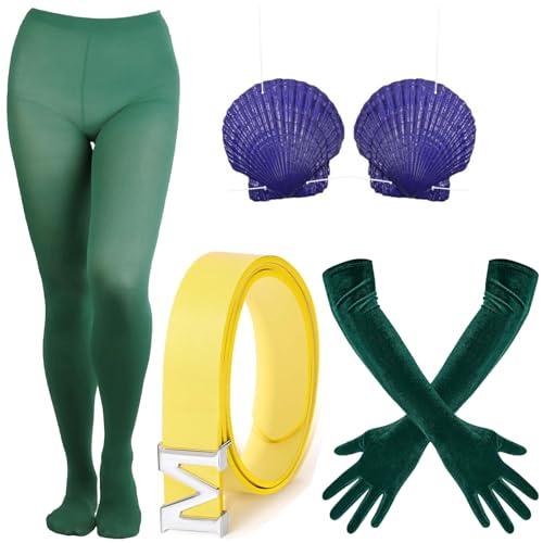 Kavoc 4 Pcs Halloween Mermaid Cosplay Costume Include Dark Green Pantyhose,Gloves,Seashell Bra and Belt for Adults Role Play Party Accessories Supplies（Style2）