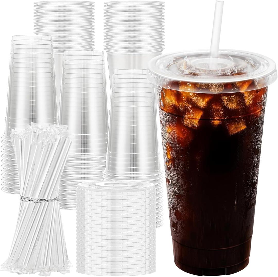 24 oz 100 Pack Plastic Cups with Lids and Straws, Sturdy Food Safe Iced Clear Coffee Cups Disposable Smoothie Cups for Cold Drinks