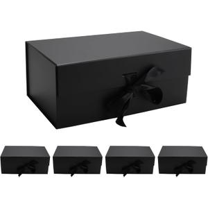 kaxilu Black Gift Boxes with Ribbon Foldable Gift Boxes Set of 5 Magnetic Presentations and Groomsmen Proposal, Glossy Finish,10.2x6.7x4.3 Inches