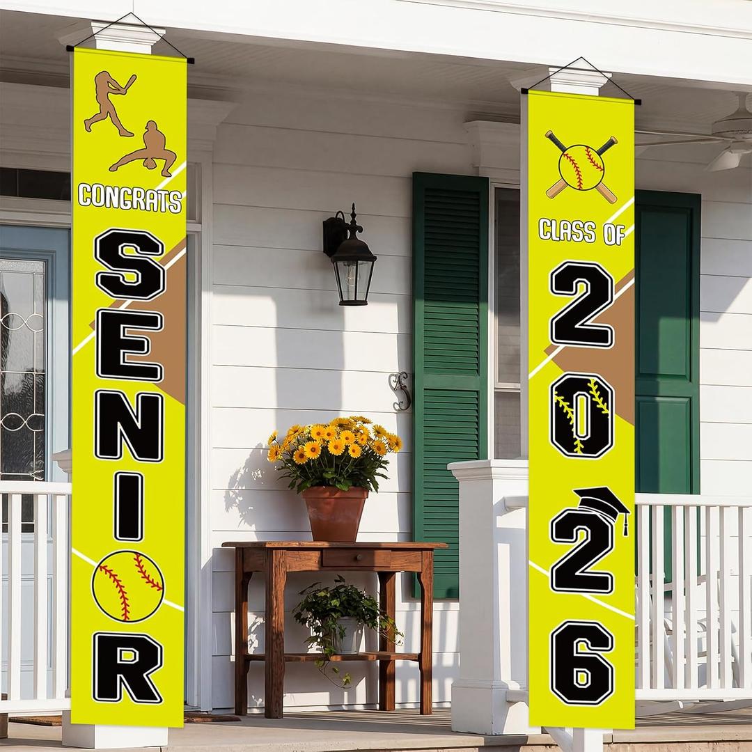 Mindsoft 2 Pcs Softball Senior Night 2026 Graduation Decorations Softball Senior Night Porch Door Banner 30 x 180 cm Class of 2026 Wall Sign Decorations for Graduation Party Supplies Outdoor Decor