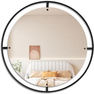 Black Metal Round Vanity Mirror, Easy to Install Modern Wall Mirror, 27 Inch Home Decorative Circle Mirror for Entryway Foyer Living Room Bedroom Bathroom