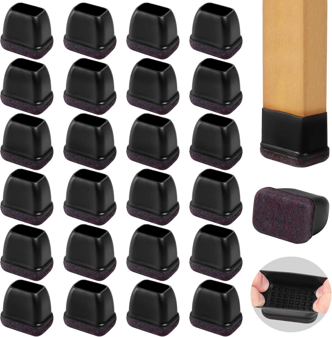 Small Rectangle Silicone Chair Leg Caps with Felt Pads, 24PCS Rectangular Chair Leg Floor Protectors for Hardwood Floors, Chair Leg Covers to Protect Floors(Black,Fit Length 0.9"-1.3" Width 0.6"-0.9")