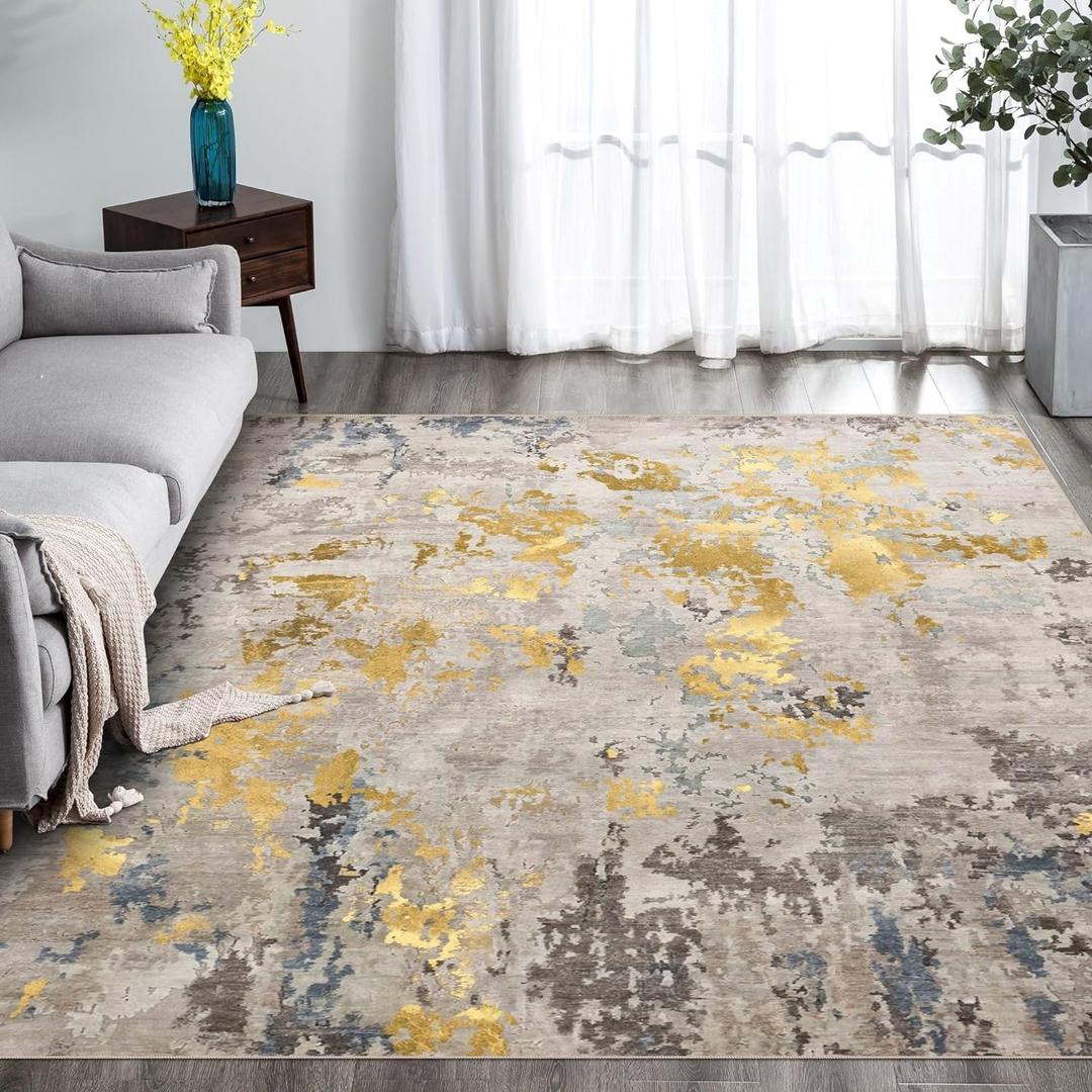 vivorug Washable Rug, Ultra Soft Area Rug 5x7, Non Slip Abstract Rug Foldable, Stain Resistant Rugs for Living Room Bedroom, Modern Fuzzy Rug (Grey/Gold/Navy, 5'x7')
