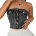 SHENHE Women's Strapless Button Up Denim Top Shirred Raw Hem Sexy Fitted Crop Jean Tube Tops Large