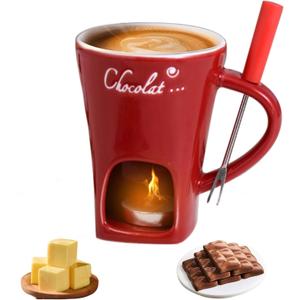 Fondue Cup, Chocolate Melting Fondue Mugs Set of with Forks and Candle, Ceramic Chocolate Melting Cup, Mini Chocolate Fondue Cups Set For Date Night Birthday Wedding Gifts (Red)