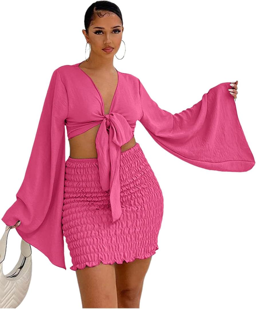LYANER Women's 2 Piece Outfits Tie Knot Front Bell Long Sleeve Crop Top and Mini Skirt Set (Large, Rose)