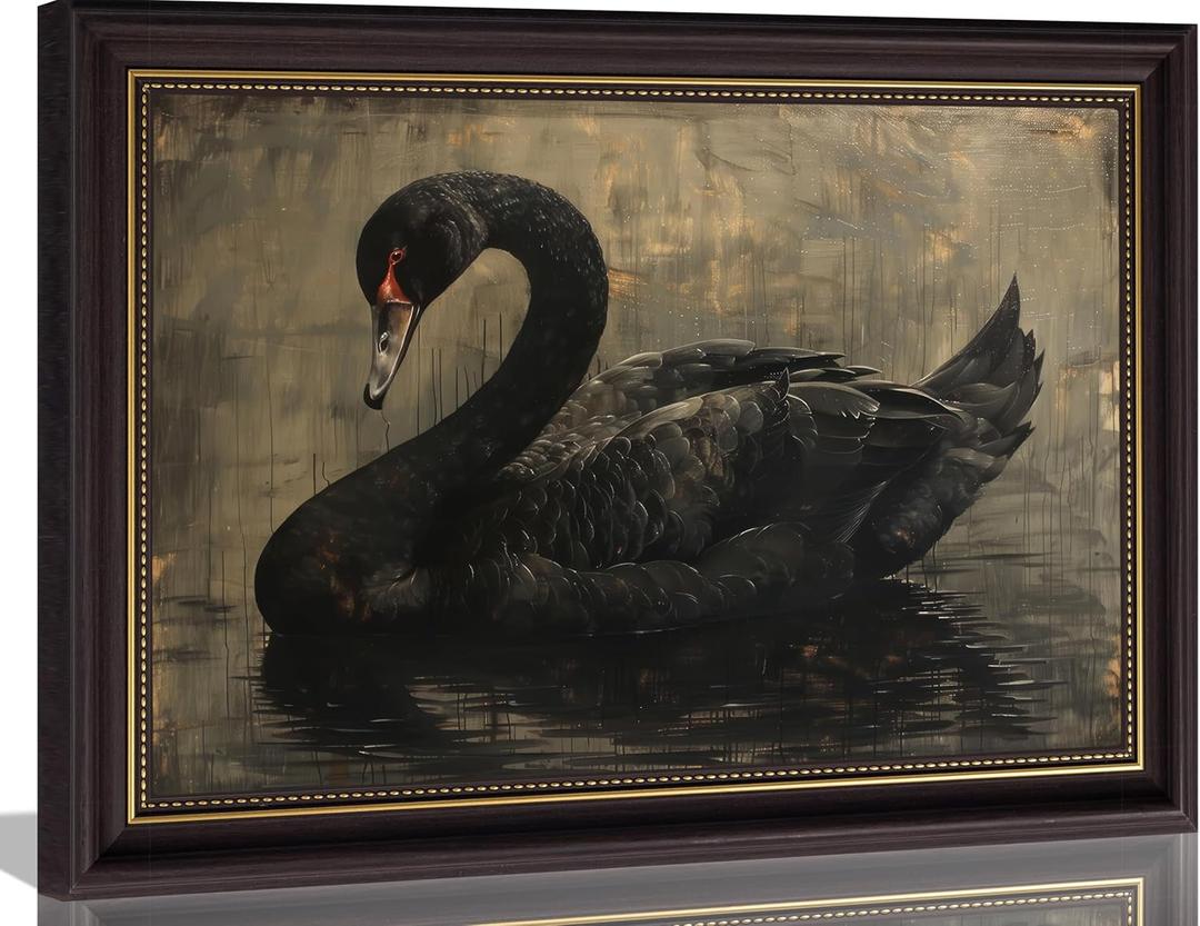 Framed Swan Canvas Wall Art Vintage Grace Black Swan Painting Picture Wall Decor Dark Academy Gothic Animal Poster Print Artwork for Living Room Bathroom Bedroom Study Home Decoration (11"L x 9"W)