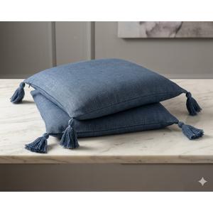 Pack of 2 Couch Throw Pillow Covers 20x20 Inch Fall Soft White Linen Pillow Covers for Sofa Living Room Solid Dyed Pillow Cases, Non-Shedding (Blue Tassels, 18x18'')