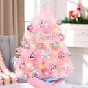 Small Pink Christmas Tree with Lights, 2 FT Mini Christmas Tree with Lifelike Branches Hanging Ornaments Decorative Bow Gift Boxes for Table Mantle Home Indoor DIY Christmas Decorations