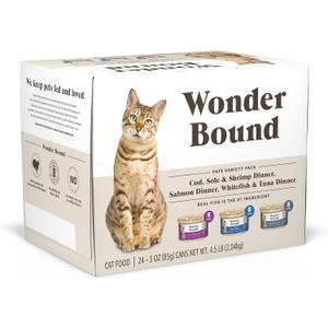 Amazon Brand - Wonder Bound Wet Cat Food, Pate, No Added Grain, Variety Pack (Cod, Sole & Shrimp, Salmon, White Fish & Tuna), 3 ounce (Pack of 24)