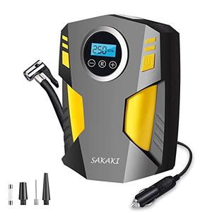Tire Inflator Portable Air Compressor Car Tire Pump with 3 Nozzle Adaptors and Digital LED Light DC 12V Electric Car Air Pump for Car Tires and Other Inflatables Yellow