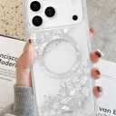SCORPIFY for iPhone 17 Pro Max Case [Compatible with MagSafe] with Gleam Pearl Luster,Cute Clear Magnetic Phone Cover Bumper for Women Girls,Glitter Sparkle Silver Foil Flakes & Mother-of-Pearl Design