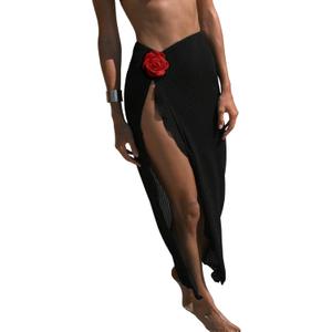 Women's Beach Cover Up Skirt 3D Flower Crochet Out High Split Swimsuit Bathing Suit Beach Skirt (Black, XS)
