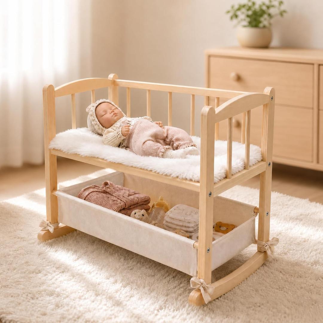Woodtoe 2-in-1 Wooden Baby Doll Crib with Storage Basket, Fits to 20" Dolls, 21.3"L x 13.4"W x 17.8"H