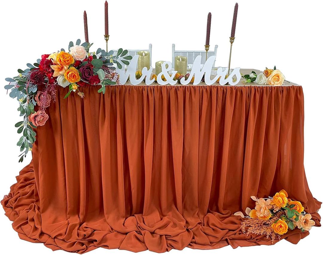 Pooling and Floating Chiffon Table Skirt with extra length, 6FT Sheer Tablecloth, Baby Shower, Birthdays Party, Main Cake Table Decoration, Wdding Table Skirt (Terracotta, 6FT)